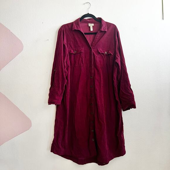 Vintage Burgundy Corduroy Button Up Dress 90s Grunge Whimsigoth Academia XXL - Picture 1 of 5
